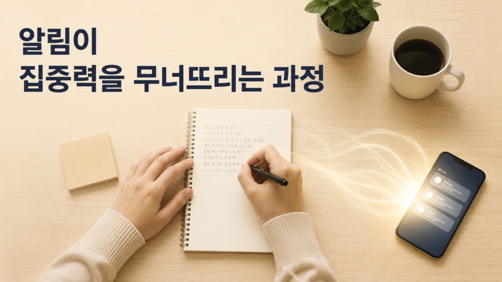 책상 위에 놓인 종이와 펜 옆에 스마트폰이 빛을 내며 집중력을 방해하는 순간을 표현한 이미지