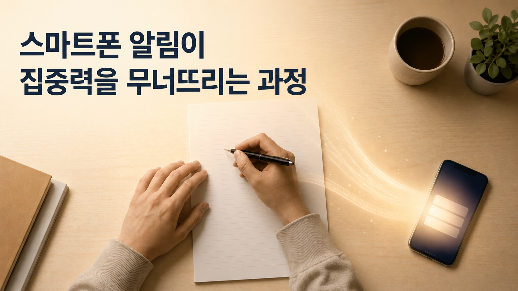 책상 위에 놓인 종이와 펜 옆에 스마트폰이 빛을 내며 집중력을 방해하는 순간을 표현한 이미지